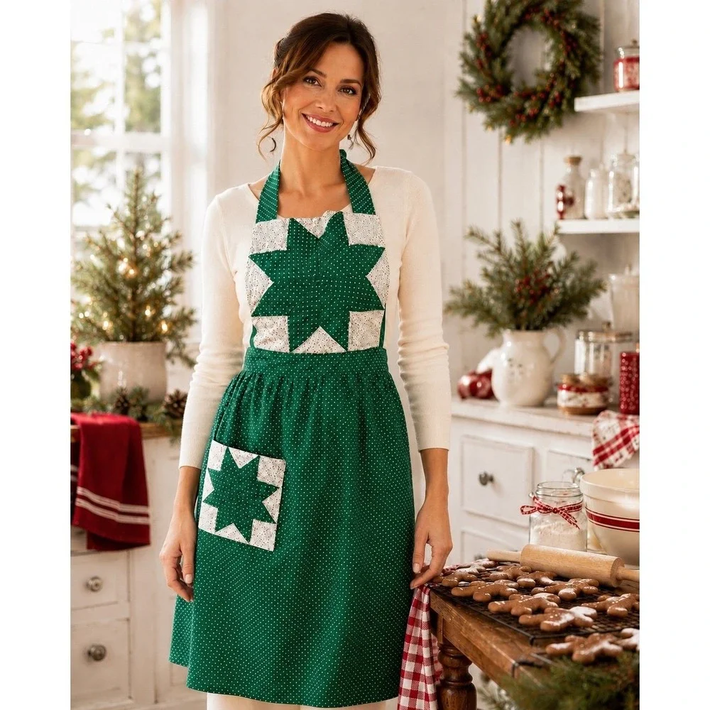 Vintage Christmas Patchwork Apron Green Red Quilted Star Full Bib Holiday